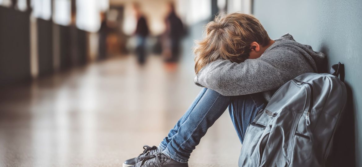lonely sad crying teen schoolboy boy with backpack is sitting in the hallway at school. School bullying and learning problems. Unhappy depression pupil student is a victim of violence