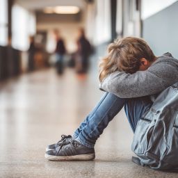 lonely sad crying teen schoolboy boy with backpack is sitting in the hallway at school. School bullying and learning problems. Unhappy depression pupil student is a victim of violence