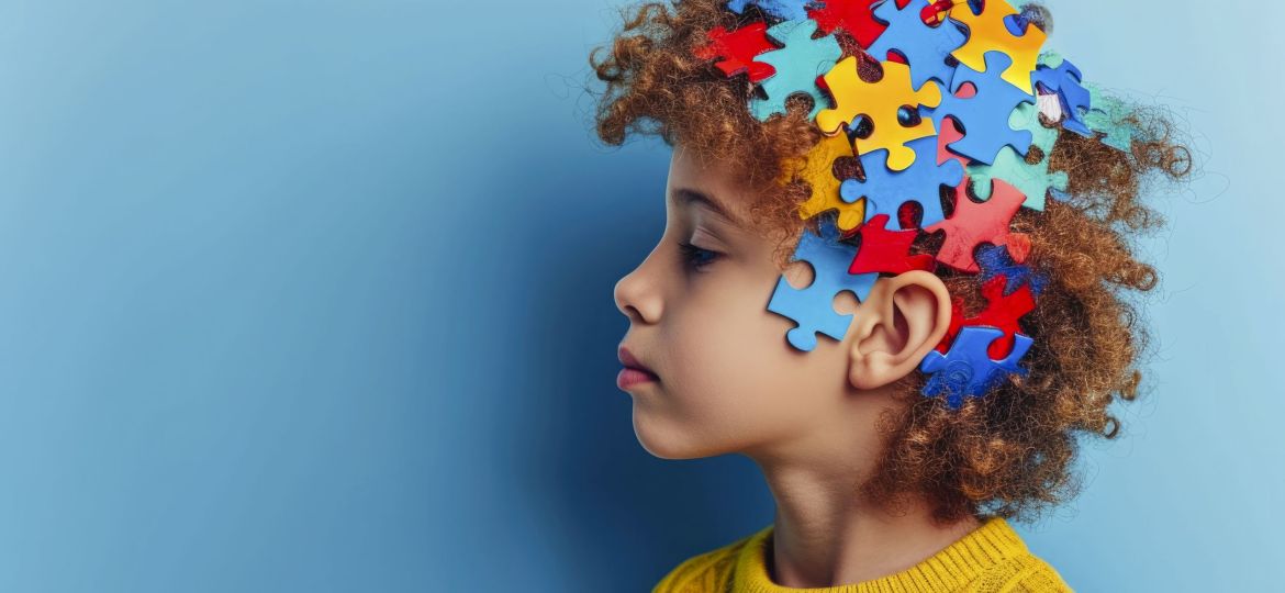 World autism awareness day concept. Kid head with colorful puzzle pieces on light blue background