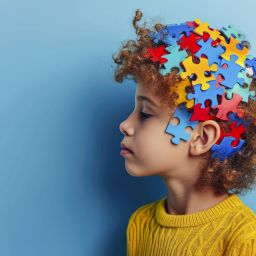 World autism awareness day concept. Kid head with colorful puzzle pieces on light blue background